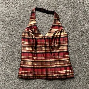 XScape burgundy and gold halter cocktail top.
